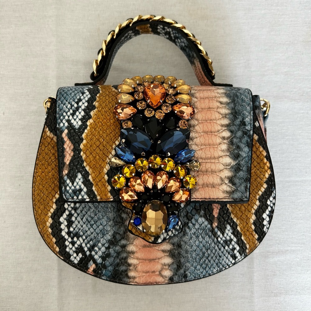 Multicolored Faux Snake Bejeweled Crossbody Handbag